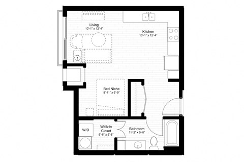 Floor plan for studio, 1 bath, 529 sqft